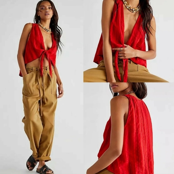 Free People Tops - Free People By My Side Red Knot Tie High-Low Reversible Blouse, S, EUC